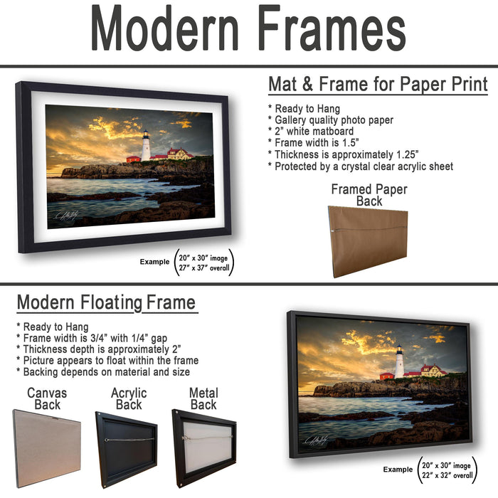 The image is a collage of two framed artworks, one of which is a mat and frame for a paper print, and the other is a modern floating frame.