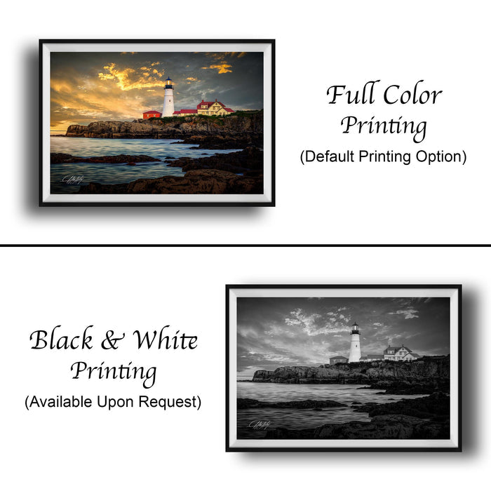 The image is a collage of two framed pictures. The top picture is a full color print of a lighthouse on a cliff, while the bottom picture is a black and white print of the same lighthouse. Both pictures are framed and displayed side by side.