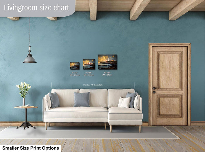 a living room with a white sofa, a wooden door, and a painting on the wall. The painting is of a sunset over a body of water. The living room appears to be modern and spacious, with a large window providing natural light. The sofa is positioned in front of the painting, creating a cozy and inviting atmosphere.