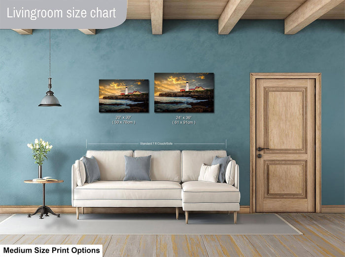 a living room with a white sofa, a wooden door, and a painting of a lighthouse on the wall. The living room appears to be designed for relaxation and comfort, with a cozy atmosphere.