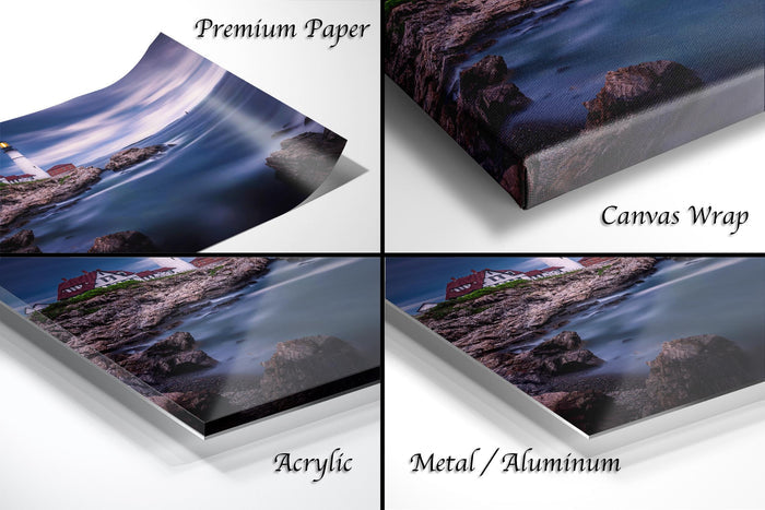 The image is a collage of four different images, each depicting a coastal scene with a lighthouse. The images are labeled as "Premium Paper", "Canvas Wrap", "Acrylic", and "Metal/Aluminum".