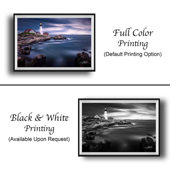 The image is a collage of two framed pictures. The top picture is a full color print of a lighthouse on a rocky shore, while the bottom picture is a black and white print of the same lighthouse. The text below the images indicates that the full color printing is available upon request, and the black and white version is not.