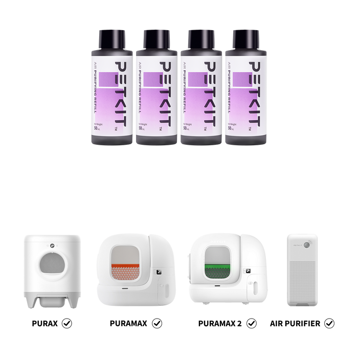 Purifying Liquid Refill 4-pack displayed with compatible PETKIT PuraX, PuraMax, PuraMax 2 and air purifier