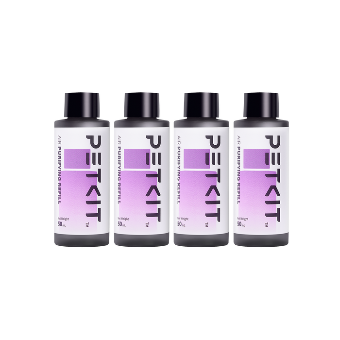 Four bottles of PETKIT Purifying Liquid Refill product display