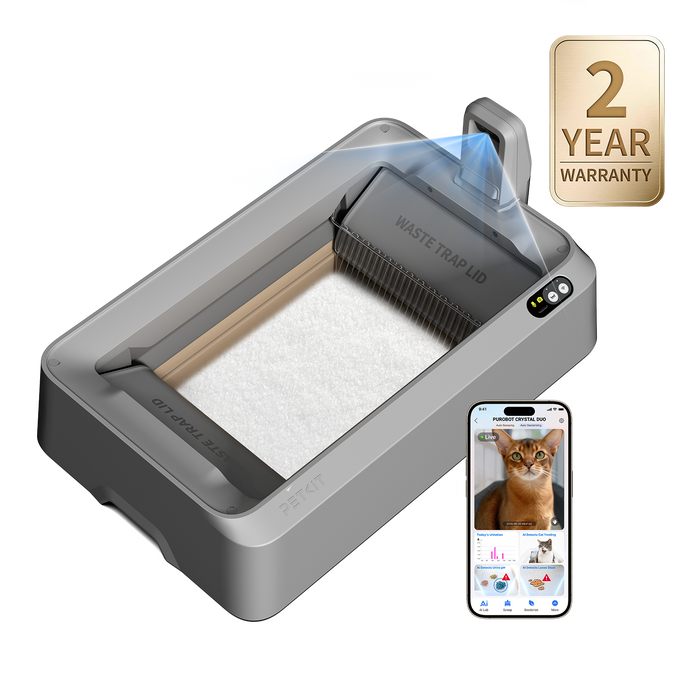 PETKIT Purobot Crystal Duo cat litter box with waste trap lid and smartphone app on a white background