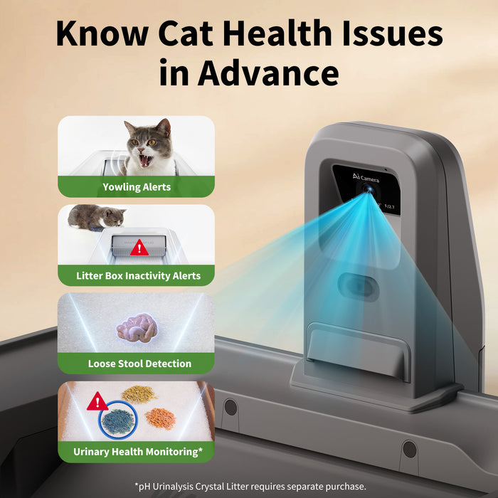 Pet health monitoring device with features for cat health alerts on a beige background