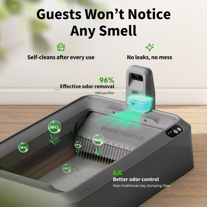 A high-quality product shot of the Purobot Crystal Duo cat litter box, emphasizing the odor-sealing waste trap and smart features on a bright, neutral background for clarity.