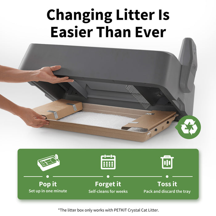 Purobot Crystal Duo litter box with instructions on how to change the litter