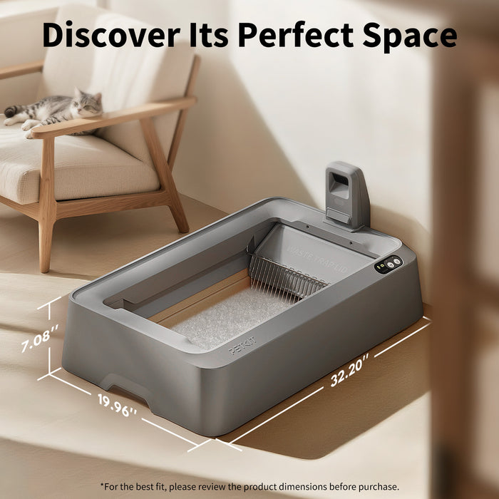 Purobot Crystal Duo cat litter box with dimensions displayed in a home setting