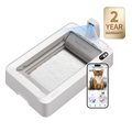 PUROBOT CRYSTAL DUO automatic cat litter box features an open-top design and AI camera with a 2-year warranty badge on a white background