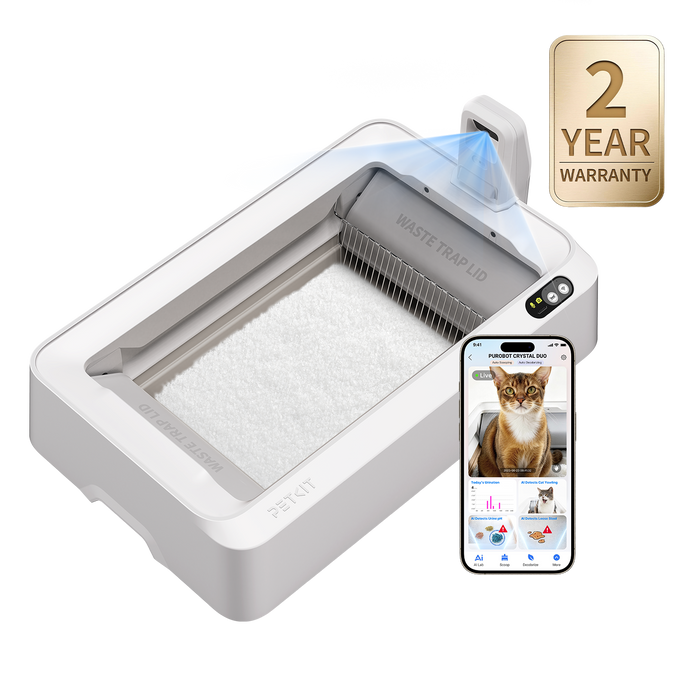 PUROBOT CRYSTAL DUO automatic cat litter box features an open-top design and AI camera with a 2-year warranty badge on a white background