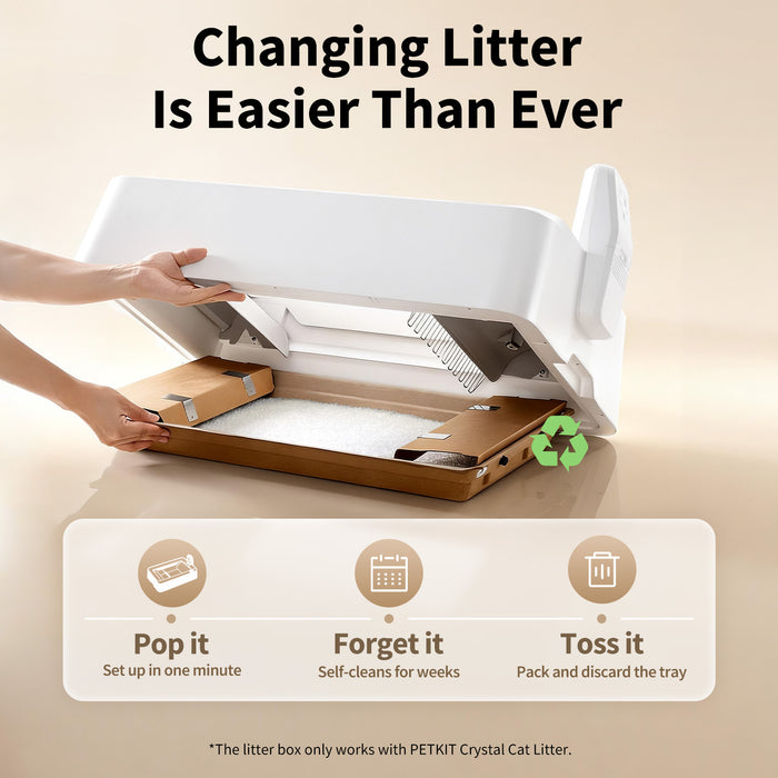 Disposable litter tray system makes litter changes quick and mess-free, with no washing required and weeks of hands-free use.