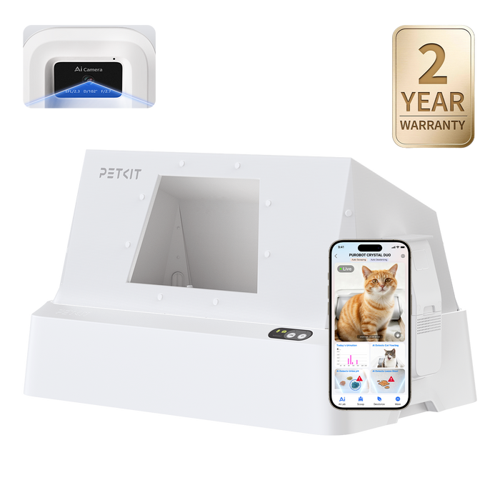 PUROBOT CRYSTAL DUO automatic cat litter box with hood, features an open-top design and AI camera for modern homes and 2-year warranty badge on a white background