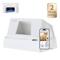 PUROBOT CRYSTAL DUO automatic cat litter box with hood, features an open-top design and AI camera for modern homes and 2-year warranty badge on a white background