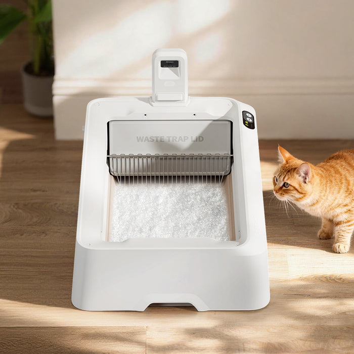 Purobot Crystal Duo Automatic Cat Litter Box for crystal litter, with a cat in a warm home scene