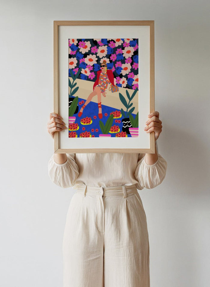 Colorful illustration of a woman sitting on a bench with floral and plant patterns. Bold and Blooming by Rafaela Mascaro fine art print poster featuring woman in vibrant floral garden by water, modern contemporary botanical wall art.