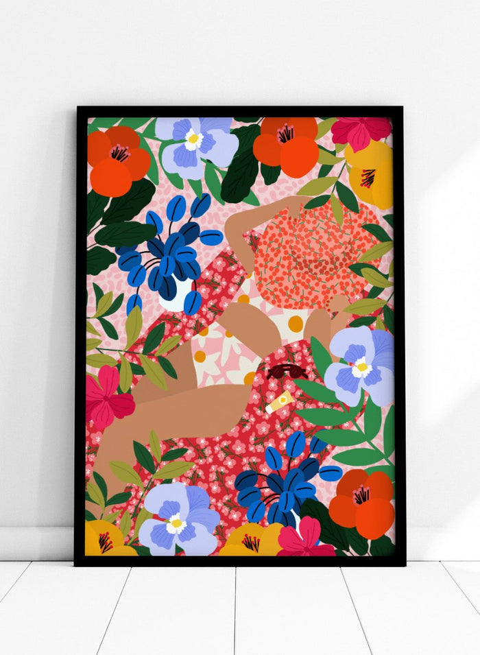 Colorful floral pattern with abstract shapes on a pink background. Sleeping Under the Sun by Rafaela Mascaro fine art print poster featuring woman in vibrant floral garden, modern contemporary botanical wall art.
