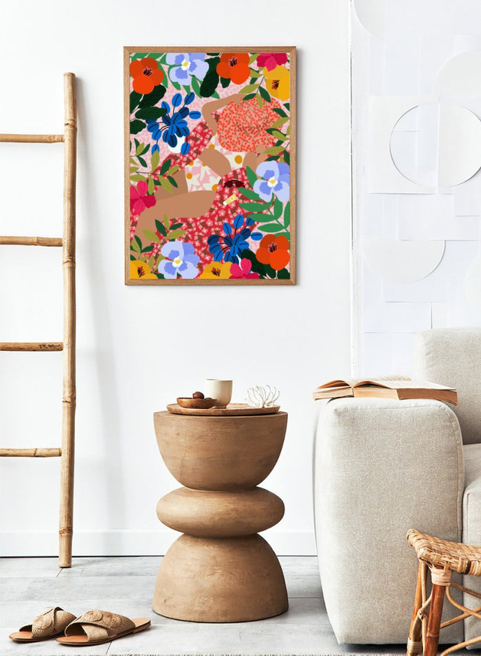 Colorful floral pattern with abstract shapes on a pink background. Sleeping Under the Sun by Rafaela Mascaro fine art print poster featuring woman in vibrant floral garden, modern contemporary botanical wall art.