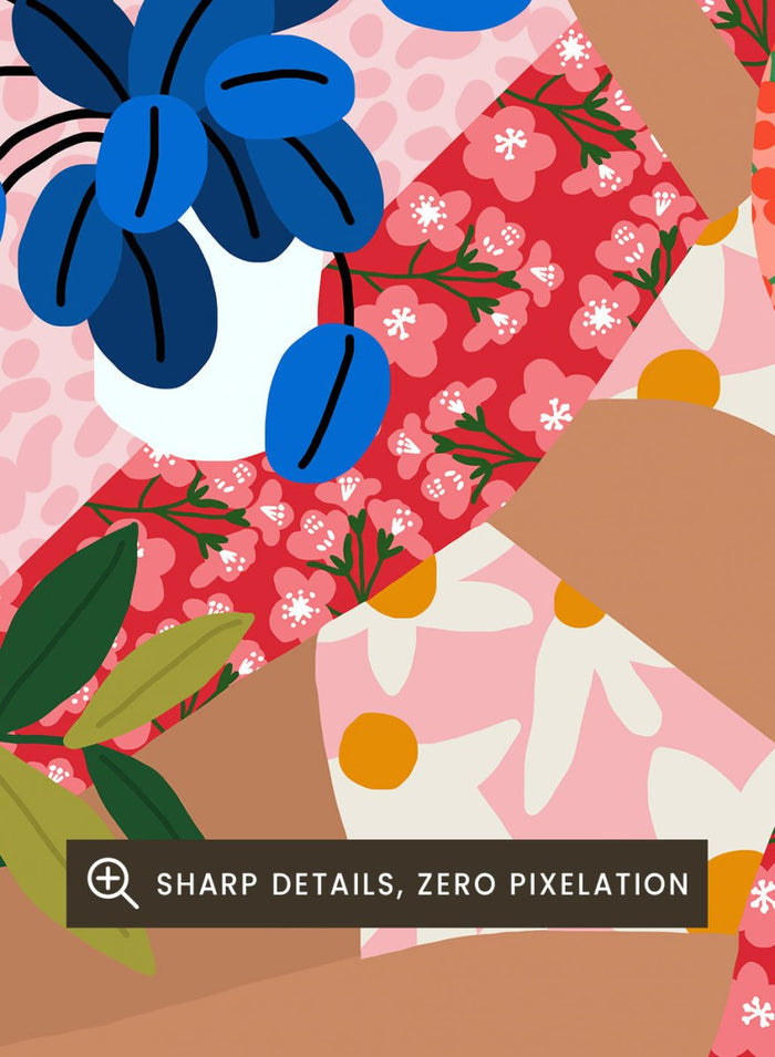 Colorful floral pattern with abstract shapes on a pink background. Sleeping Under the Sun by Rafaela Mascaro fine art print poster featuring woman in vibrant floral garden, modern contemporary botanical wall art.