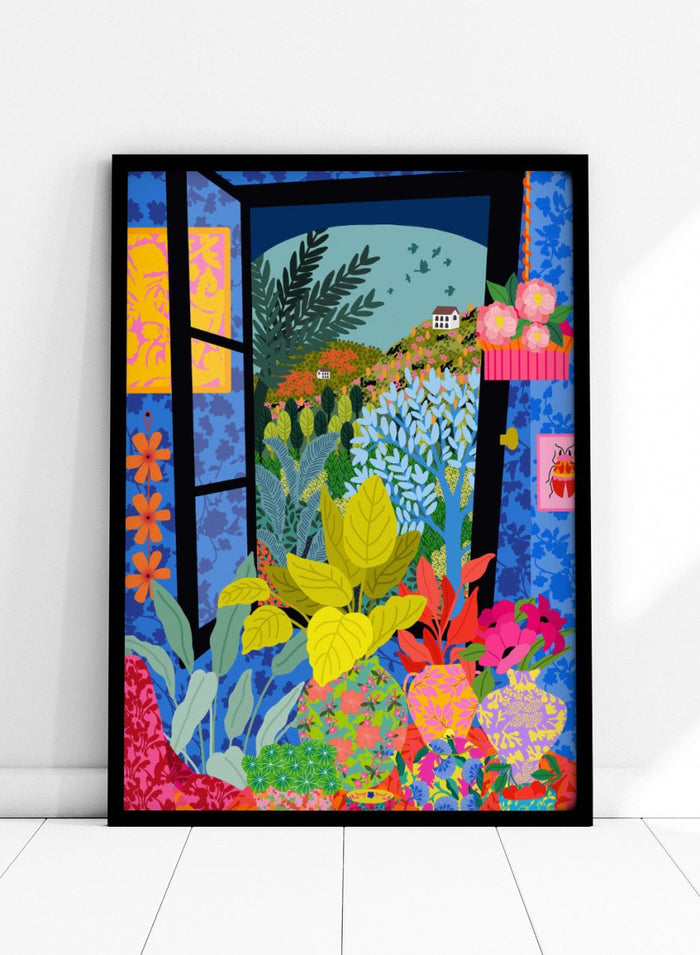 Colorful garden scene with flowers and plants through an open window. View From My Window by Rafaela Mascaro fine art print poster featuring open window, countryside landscape, lush plants, modern contemporary botanical wall art.