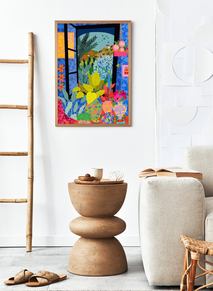 Colorful garden scene with flowers and plants through an open window. View From My Window by Rafaela Mascaro fine art print poster featuring open window, countryside landscape, lush plants, modern contemporary botanical wall art.