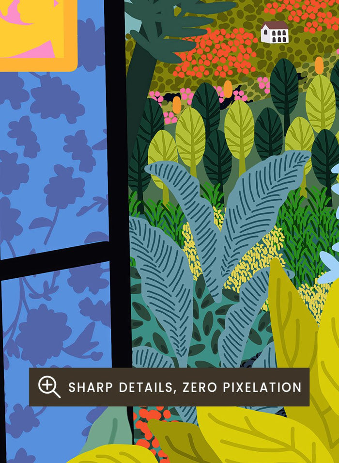 Colorful garden scene with flowers and plants through an open window. View From My Window by Rafaela Mascaro fine art print poster featuring open window, countryside landscape, lush plants, modern contemporary botanical wall art.