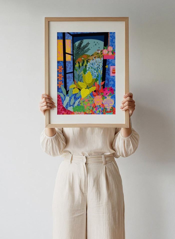 Colorful garden scene with flowers and plants through an open window. View From My Window by Rafaela Mascaro fine art print poster featuring open window, countryside landscape, lush plants, modern contemporary botanical wall art.