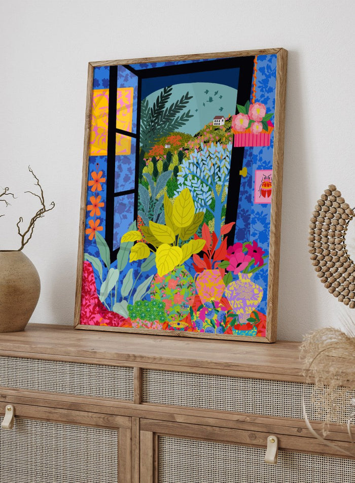 Colorful garden scene with flowers and plants through an open window. View From My Window by Rafaela Mascaro fine art print poster featuring open window, countryside landscape, lush plants, modern contemporary botanical wall art.