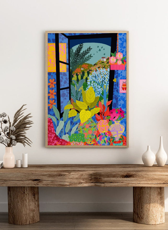 Colorful garden scene with flowers and plants through an open window. View From My Window by Rafaela Mascaro fine art print poster featuring open window, countryside landscape, lush plants, modern contemporary botanical wall art.
