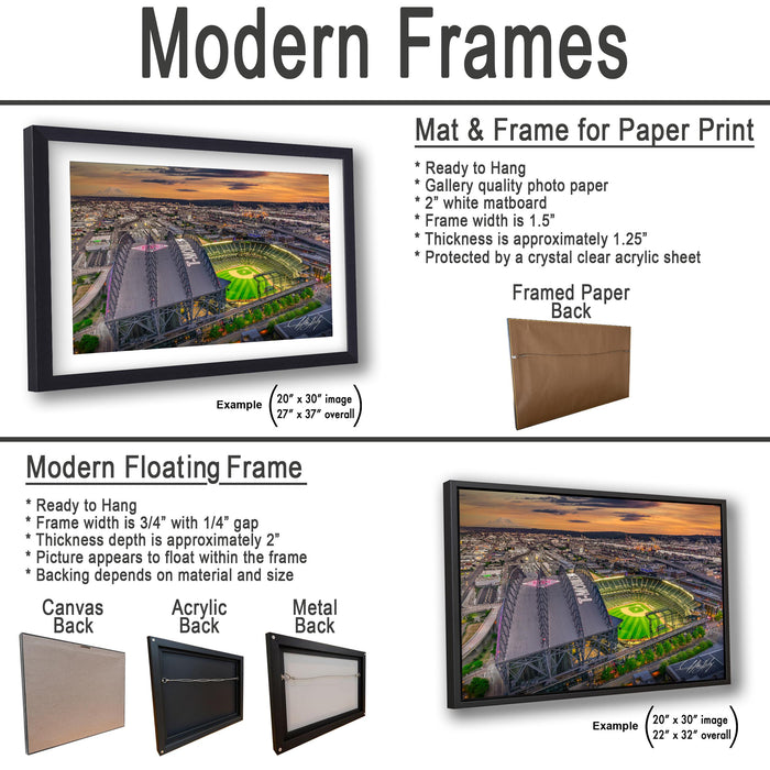 The image is a collage of three framed pictures, each depicting a different scene. The first frame shows a baseball field, the second frame features a cityscape, and the third frame displays a close-up of a building. The frames are described as modern floating frames, which means they have a frame that floats on the surface and does not require nails or screws to hang. The frames are available in different sizes, including 20x30 inches, 22x32 inches, and 22x36 inches.