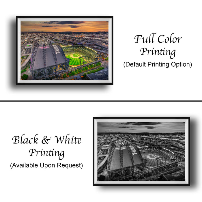 The image is a collage of two framed pictures. The top picture is a full color print of a baseball stadium, while the bottom picture is a black and white print of the same baseball stadium. Both pictures are framed and available upon request.