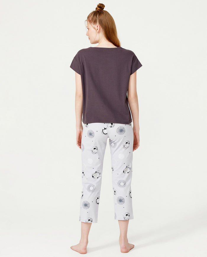 Short Sleeve Penguin Printed Cotton Pyjama Set - Grey - Ocoza
