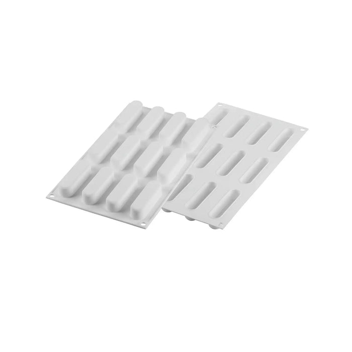 Silikomart CAROLINE 30 mold with 15 rectangular cavities, Rectangular bar mold detail, Long platinum silicone mold with cutter