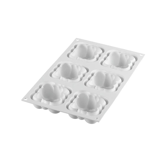 Silikomart CLOUD 120 silicone mold with 6 cloud-shaped cavities, Individual cloud dessert mold showing cavity detail, Platinum silicone cloud mold terracotta color side view