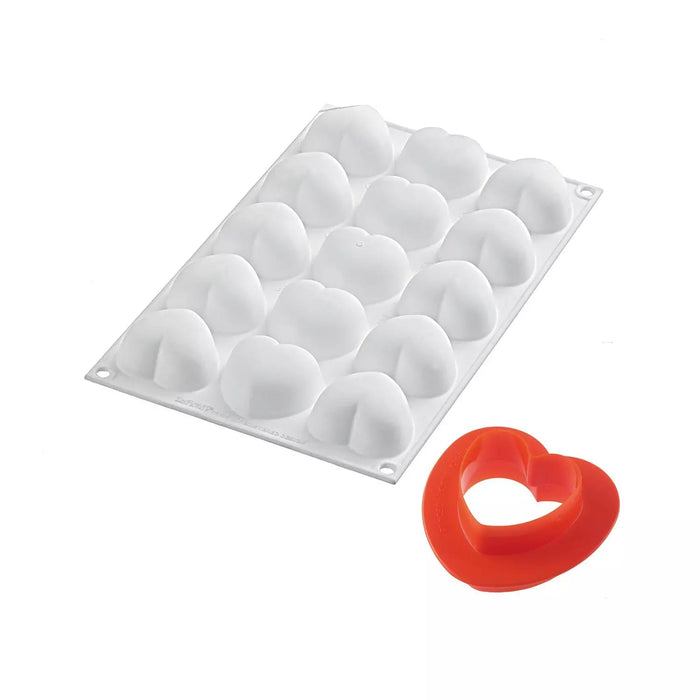 Silikomart CUPIDO 30 mold with 15 heart cavities, Heart-shaped mold detail with cutter, Romantic heart platinum silicone mold