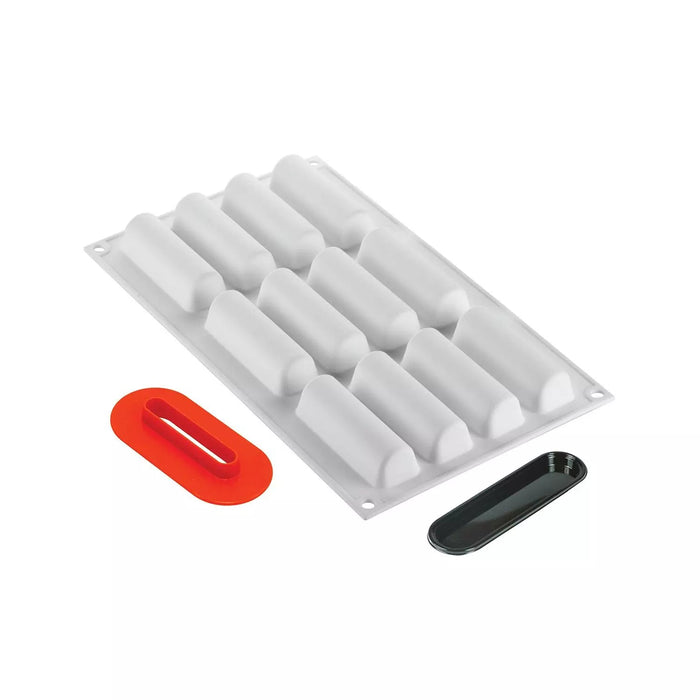 Silikomart CYLINDRE 30 silicone mold set with cutter and trays, Cylindrical dessert mold 78x21mm cavity detail, Professional cylinder mold set components displayed