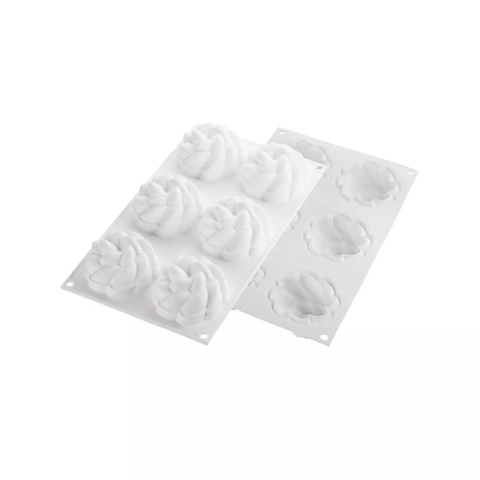 Silikomart FLEUR 90 mold with 6 flower cavities, Flower-shaped dessert mold dia99mm detail, Platinum silicone floral mold terracotta color