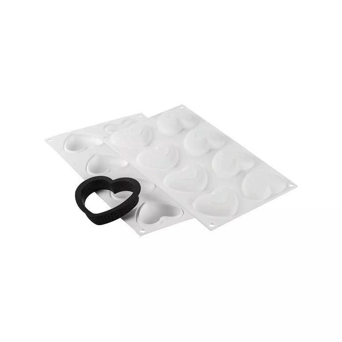 Silikomart AMORE heart-shaped tarte ring set, Heart tartlet mold with 8 perforated rings, Silicone heart mold with stainless steel ring detail