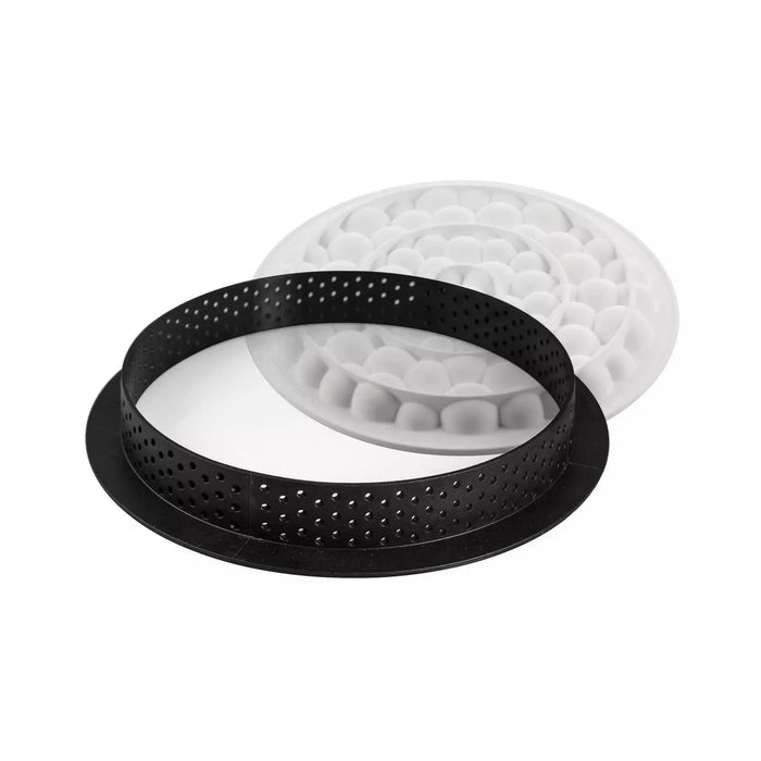 Silikomart BUBBLE tarte ring set showing large dia190mm ring, Large format tart mold with silicone base and metal ring, Bubble tart mold cavity detail view