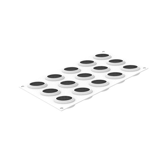 Silikomart OVAL 30 mold with 15 oval cavities, Oval-shaped mold detail, Egg-shaped platinum silicone mold