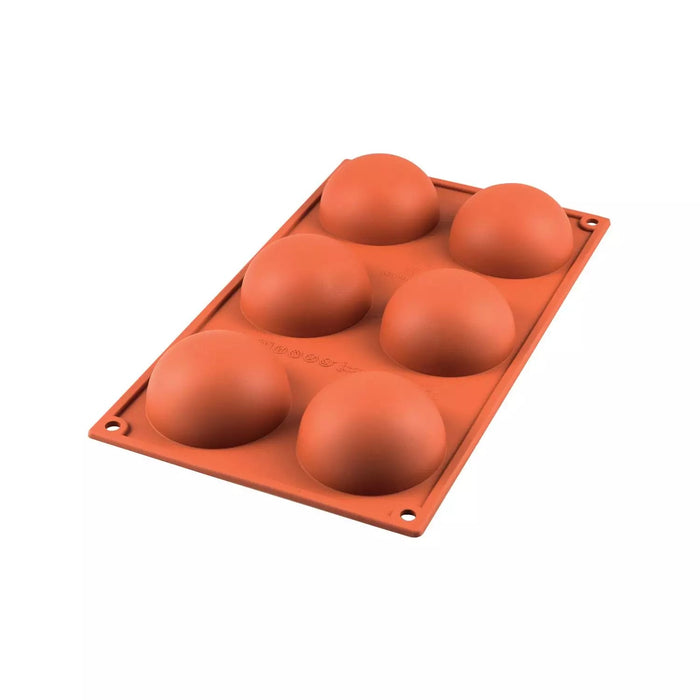 Silikomart SF002 silicone mold with 6 large half-sphere cavities, Large dome mold dia70mm showing cavity detail, Platinum silicone half-sphere mold terracotta color