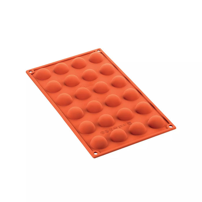 Silikomart SF006 silicone mold with 24 small half-sphere cavities, Mini dome mold dia30mm showing cavity detail, Small half-sphere platinum silicone mold terracotta