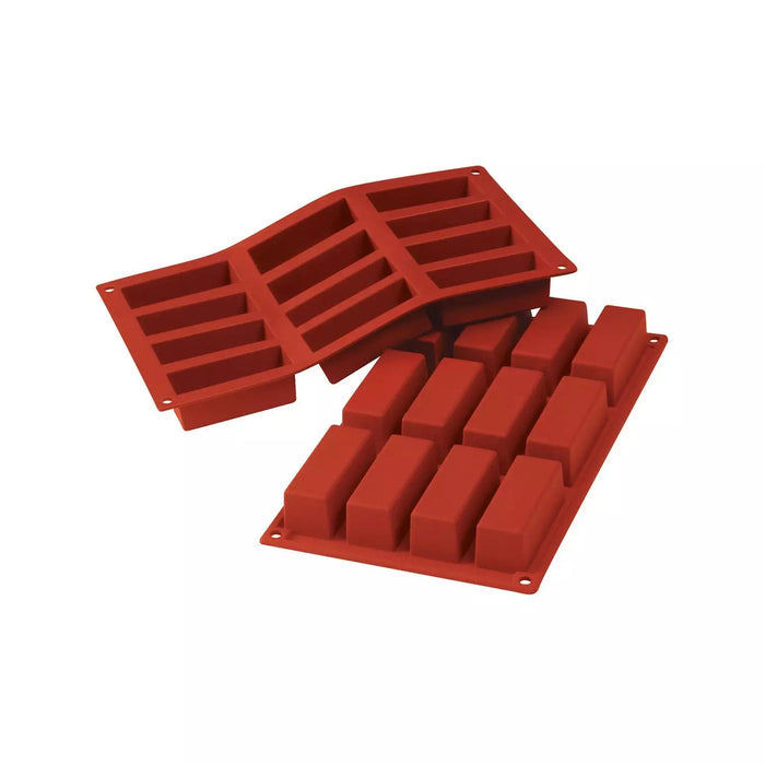 Silikomart SF026 silicone mold with 12 rectangular cake cavities, Mini loaf cake mold 79x29mm showing detail, Platinum silicone rectangular cake mold terracotta