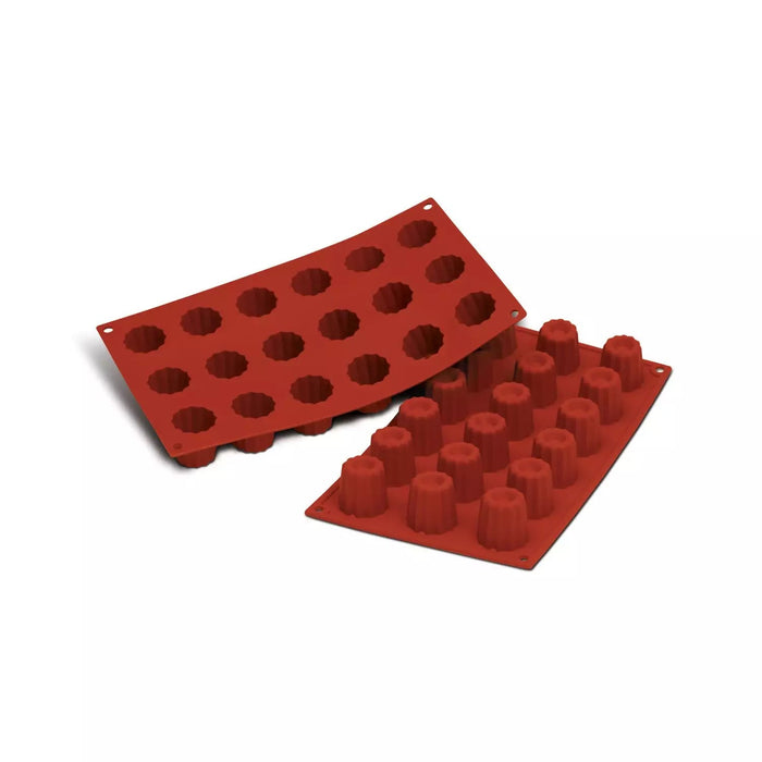 Silikomart SF033 Bordelais mold with 18 small cavities, Small cannelé-style mold cavity detail, Mini Bordelais platinum silicone mold terracotta color