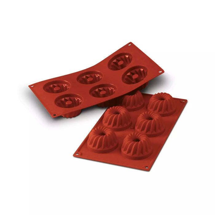 Silikomart SF058 Gugelhopf mold with 6 ring cavities, Traditional Kugelhopf mold showing fluted edges, Ring-shaped platinum silicone cake mold terracotta
