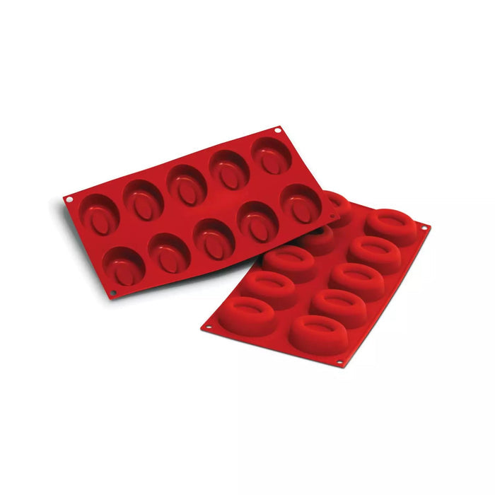 Silikomart SF084 terracotta silicone mold with 10 oval savarin cavities, Silikomart professional oval savarin baking mold side view, Platinum silicone savarin mold cavity detail