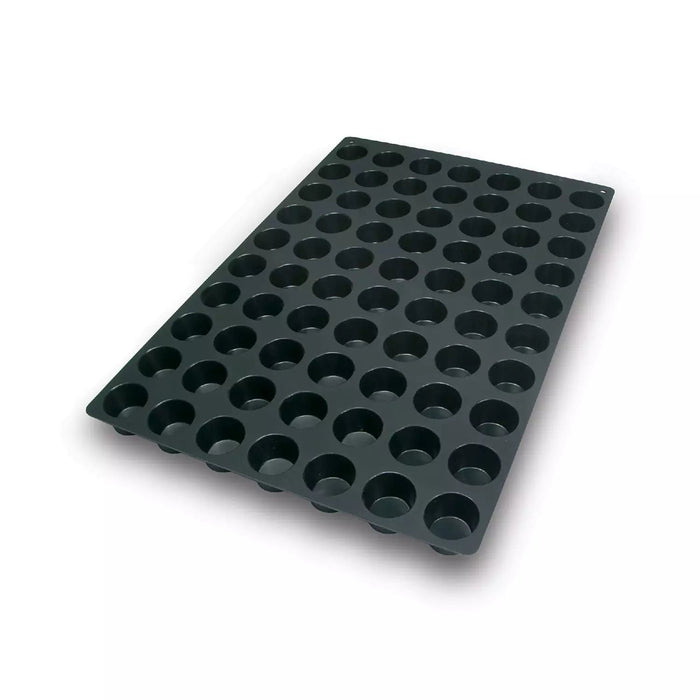 Silikomart SQ007 mold with 70 muffin cavities, High-volume mini muffin mold detail, Professional small muffin platinum silicone mold