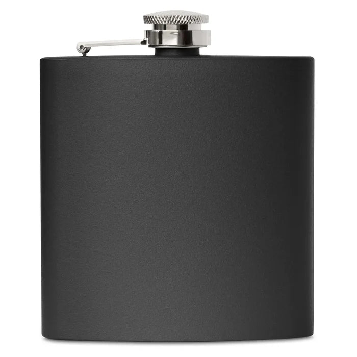 Black stainless steel flask with personalized engraved monogram or name on front