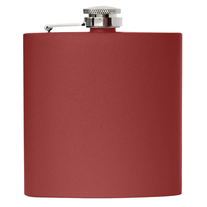 Maroon powder-coated stainless steel flask with personalized engraved name or monogram on the front