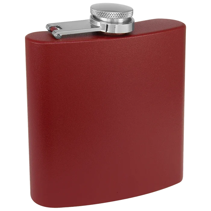 Personalized maroon flask shown with included metal funnel and white gift box